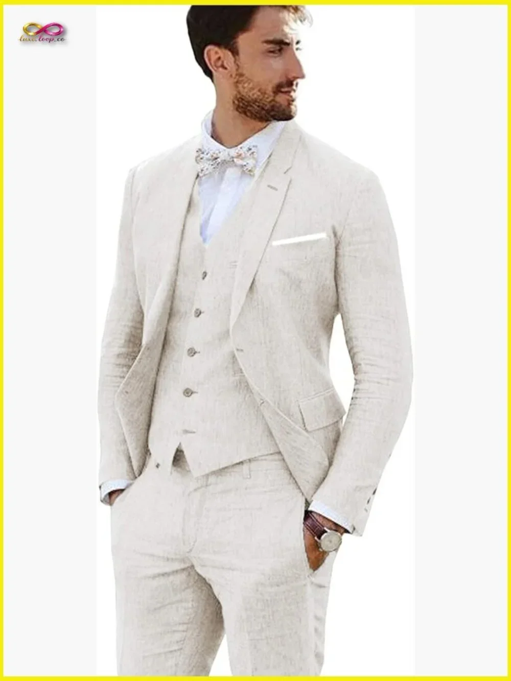 Linen Suit Set Vintage Retro Slim Fit Jacket Vest Pants Formal Wedding